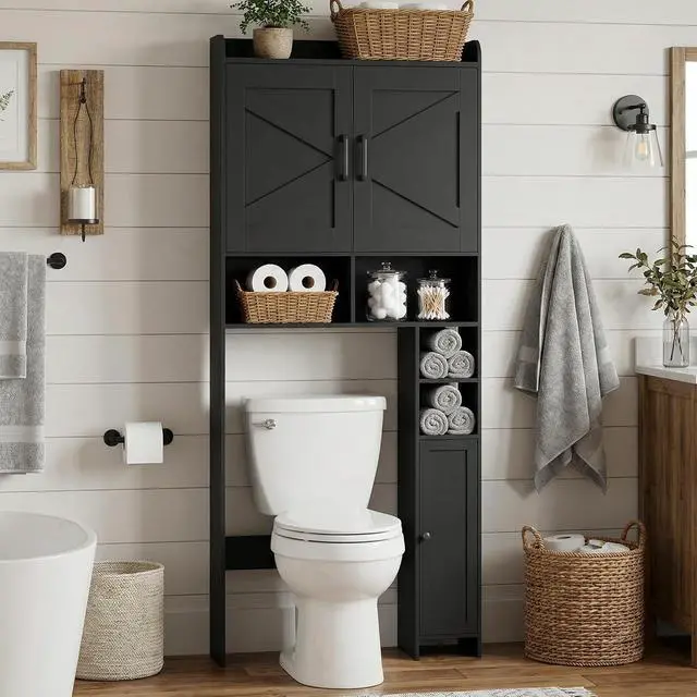 Alt view image 4 of 7 - Homhedy Wooden Over The Toilet Storage Cabinet with Barn Door | Freestanding Bathroom Storage, Toilet Paper Holder, Adjustable Shelf,Space-Saving, Farmhouse Style, Black