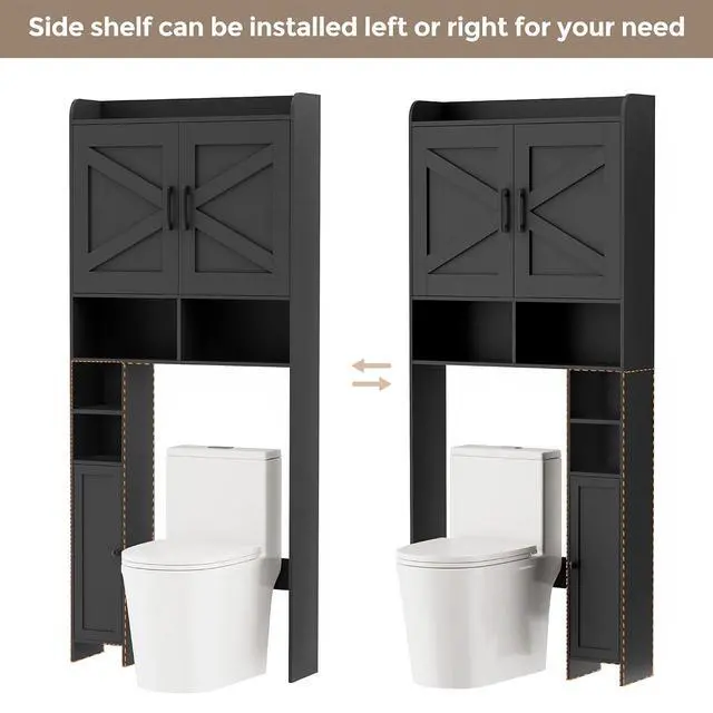 Alt view image 5 of 7 - Homhedy Wooden Over The Toilet Storage Cabinet with Barn Door | Freestanding Bathroom Storage, Toilet Paper Holder, Adjustable Shelf,Space-Saving, Farmhouse Style, Black