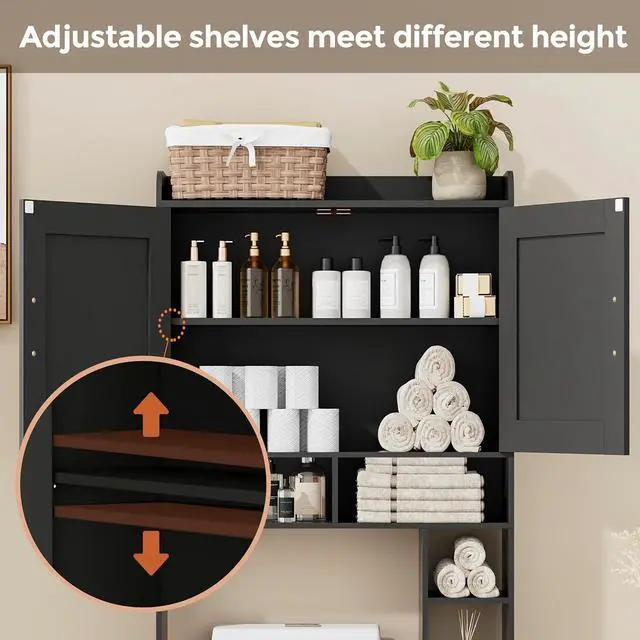 Alt view image 6 of 7 - Homhedy Wooden Over The Toilet Storage Cabinet with Barn Door | Freestanding Bathroom Storage, Toilet Paper Holder, Adjustable Shelf,Space-Saving, Farmhouse Style, Black