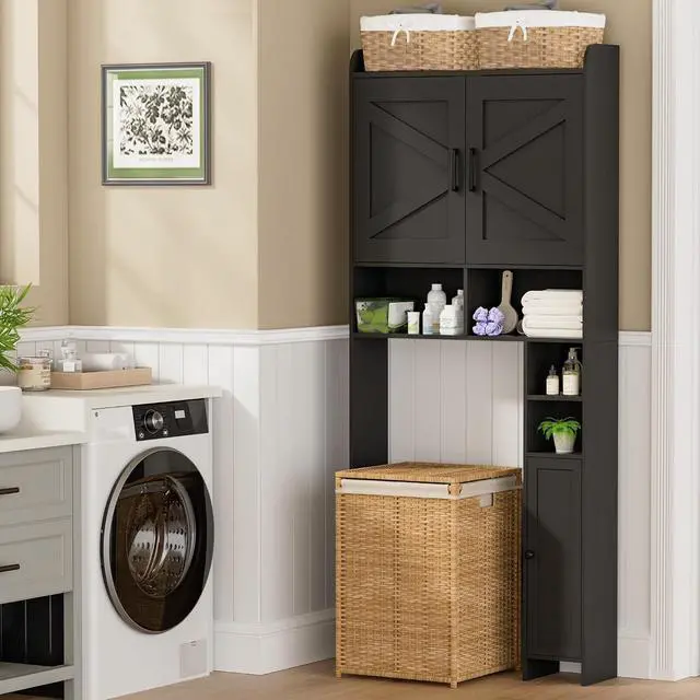 Alt view image 7 of 7 - Homhedy Wooden Over The Toilet Storage Cabinet with Barn Door | Freestanding Bathroom Storage, Toilet Paper Holder, Adjustable Shelf,Space-Saving, Farmhouse Style, Black