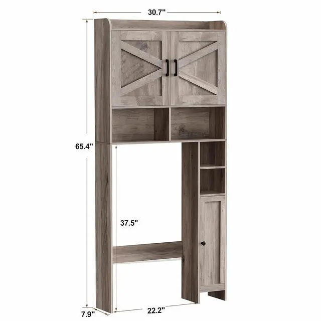 Alt view image 2 of 7 - Homhedy Wooden Over The Toilet Storage Cabinet with Barn Door | Freestanding Bathroom Storage, Toilet Paper Holder, Adjustable Shelf,Space-Saving, Farmhouse Style, Greige