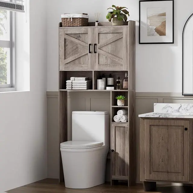 Main image of Homhedy Wooden Over The Toilet Storage Cabinet with Barn Door | Freestanding Bathroom Storage, Toilet Paper Holder, Adjustable Shelf,Space-Saving, Farmhouse Style, Greige
