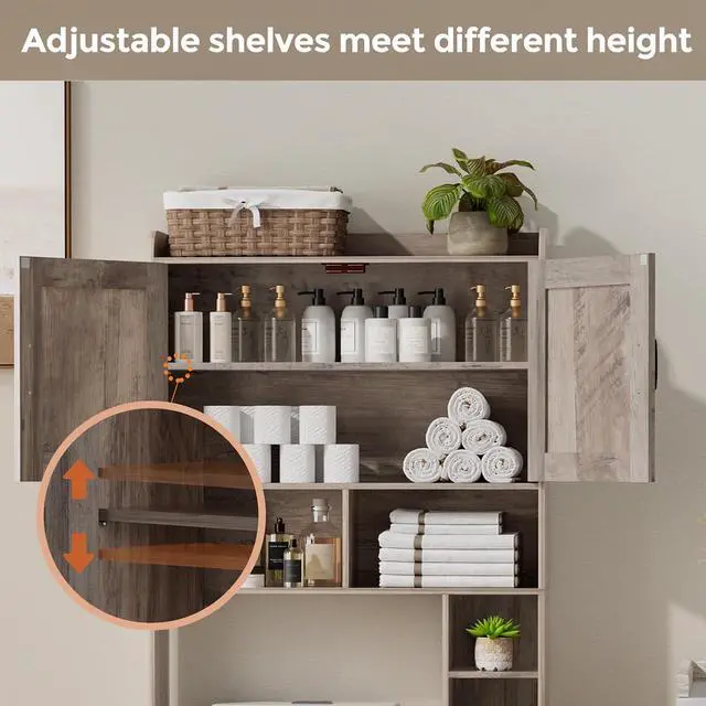 Alt view image 3 of 7 - Homhedy Wooden Over The Toilet Storage Cabinet with Barn Door | Freestanding Bathroom Storage, Toilet Paper Holder, Adjustable Shelf,Space-Saving, Farmhouse Style, Greige