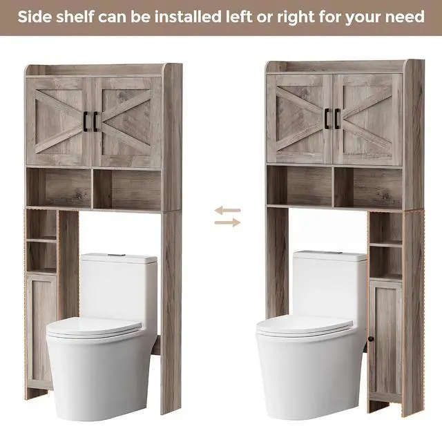 Alt view image 4 of 7 - Homhedy Wooden Over The Toilet Storage Cabinet with Barn Door | Freestanding Bathroom Storage, Toilet Paper Holder, Adjustable Shelf,Space-Saving, Farmhouse Style, Greige