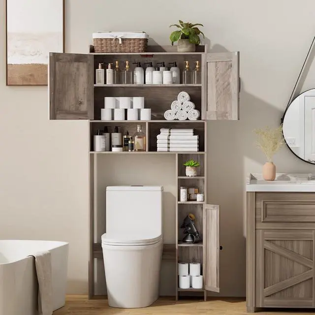 Alt view image 6 of 7 - Homhedy Wooden Over The Toilet Storage Cabinet with Barn Door | Freestanding Bathroom Storage, Toilet Paper Holder, Adjustable Shelf,Space-Saving, Farmhouse Style, Greige