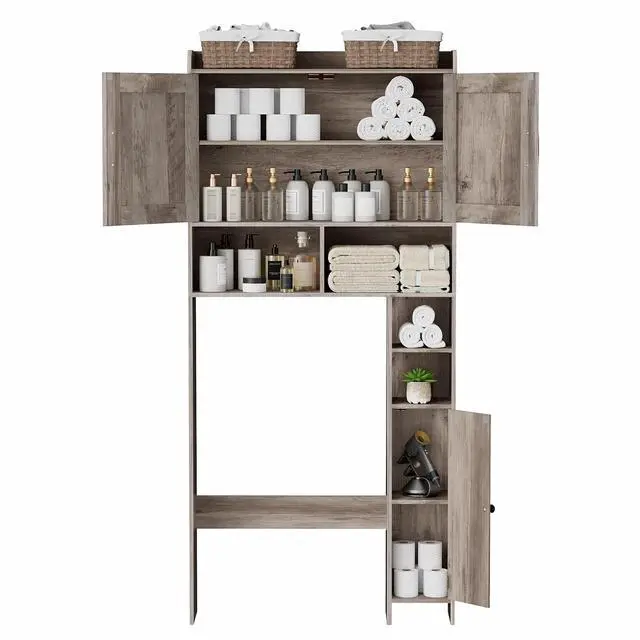 Alt view image 7 of 7 - Homhedy Wooden Over The Toilet Storage Cabinet with Barn Door | Freestanding Bathroom Storage, Toilet Paper Holder, Adjustable Shelf,Space-Saving, Farmhouse Style, Greige