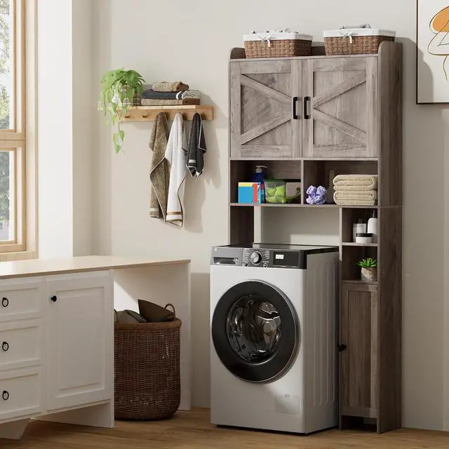 Alt view image 5 of 7 - Homhedy Wooden Over The Toilet Storage Cabinet with Barn Door | Freestanding Bathroom Storage, Toilet Paper Holder, Adjustable Shelf,Space-Saving, Farmhouse Style, Greige