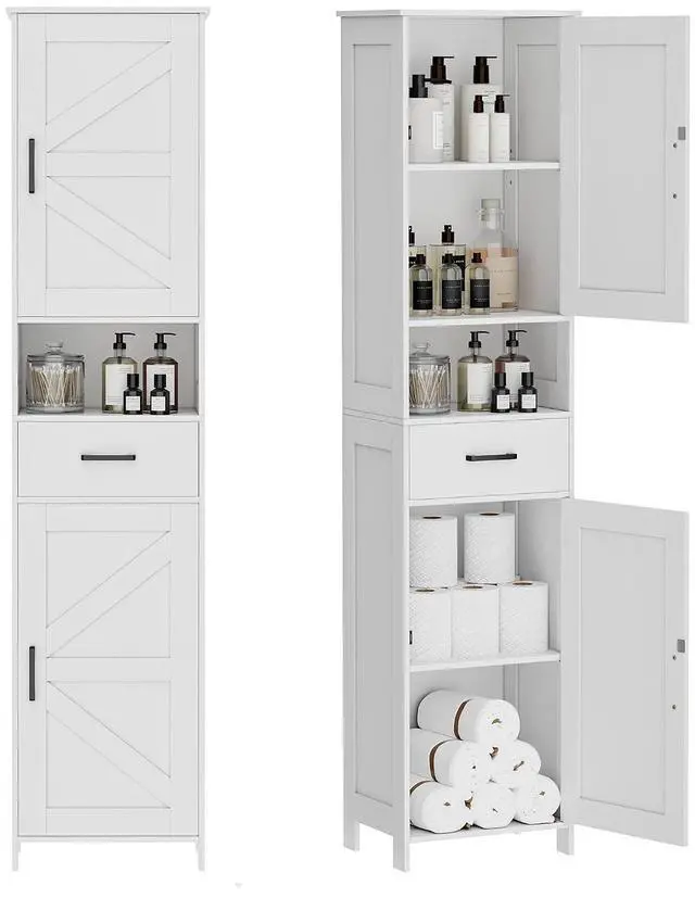 Main image of Homhedy 67" H Tall Bathroom Storage Cabinet with Barn Doors and Drawer | Narrow Storage Unit with Adjustable Shelves, Floor Cabinet for Bathroom, Living Room, Entryway or Kitchen, White, 15.7" W