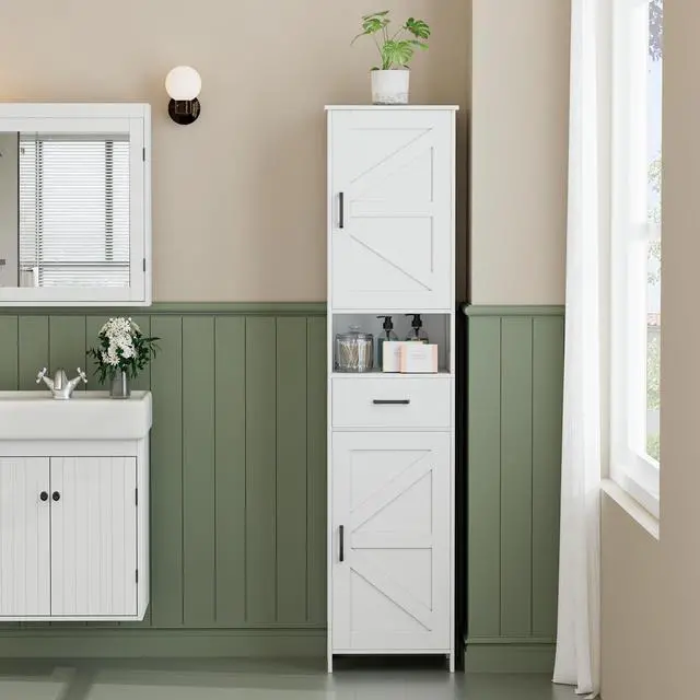Alt view image 2 of 7 - Homhedy 67" H Tall Bathroom Storage Cabinet with Barn Doors and Drawer | Narrow Storage Unit with Adjustable Shelves, Floor Cabinet for Bathroom, Living Room, Entryway or Kitchen, White, 15.7" W