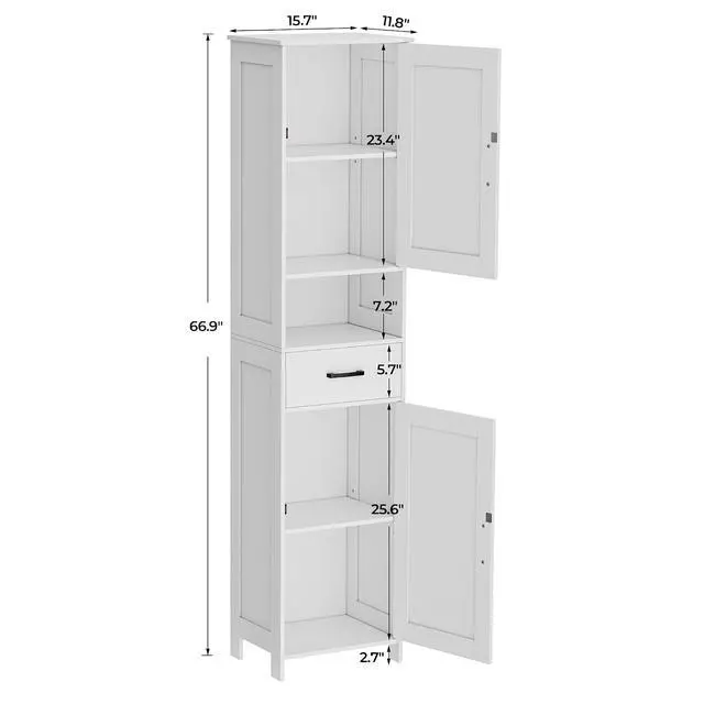 Alt view image 3 of 7 - Homhedy 67" H Tall Bathroom Storage Cabinet with Barn Doors and Drawer | Narrow Storage Unit with Adjustable Shelves, Floor Cabinet for Bathroom, Living Room, Entryway or Kitchen, White, 15.7" W