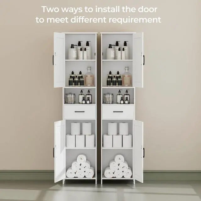 Alt view image 4 of 7 - Homhedy 67" H Tall Bathroom Storage Cabinet with Barn Doors and Drawer | Narrow Storage Unit with Adjustable Shelves, Floor Cabinet for Bathroom, Living Room, Entryway or Kitchen, White, 15.7" W
