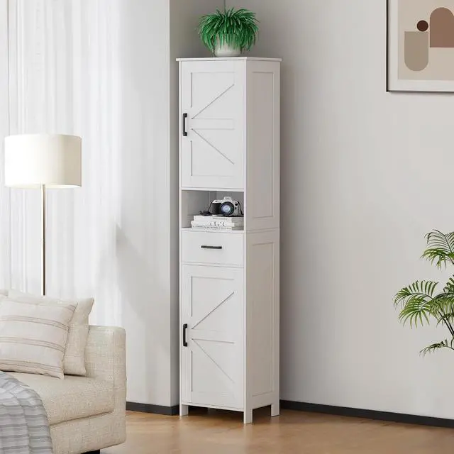 Alt view image 6 of 7 - Homhedy 67" H Tall Bathroom Storage Cabinet with Barn Doors and Drawer | Narrow Storage Unit with Adjustable Shelves, Floor Cabinet for Bathroom, Living Room, Entryway or Kitchen, White, 15.7" W