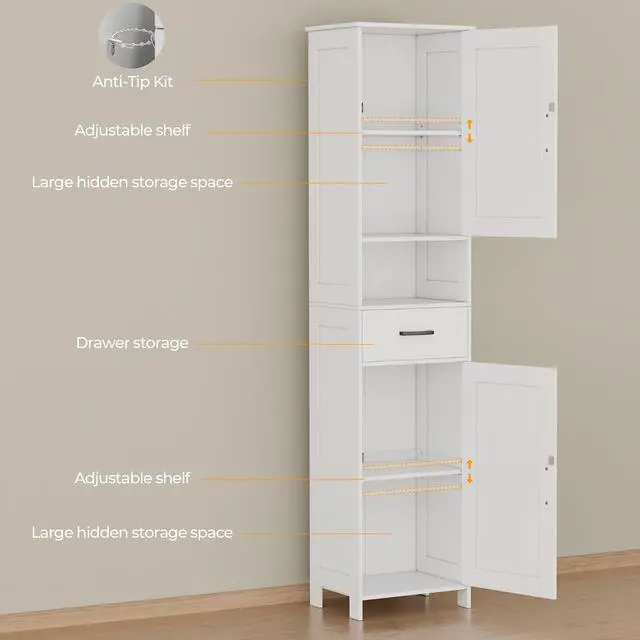 Alt view image 5 of 7 - Homhedy 67" H Tall Bathroom Storage Cabinet with Barn Doors and Drawer | Narrow Storage Unit with Adjustable Shelves, Floor Cabinet for Bathroom, Living Room, Entryway or Kitchen, White, 15.7" W