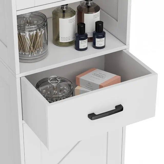 Alt view image 7 of 7 - Homhedy 67" H Tall Bathroom Storage Cabinet with Barn Doors and Drawer | Narrow Storage Unit with Adjustable Shelves, Floor Cabinet for Bathroom, Living Room, Entryway or Kitchen, White, 15.7" W