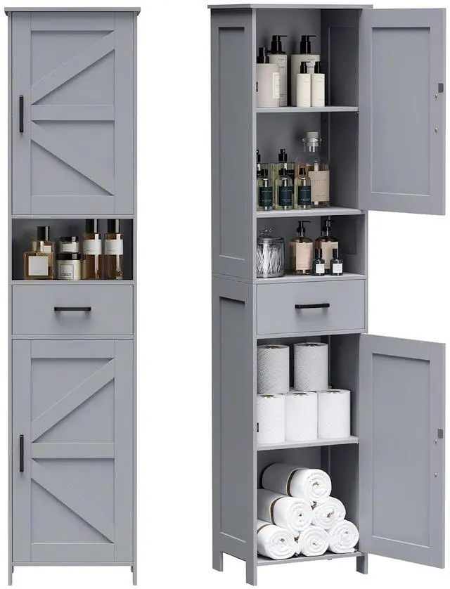 Main image of Homhedy 67" H Tall Bathroom Storage Cabinet with Barn Doors and Drawer | Narrow Storage Unit with Adjustable Shelves, Floor Cabinet for Bathroom, Living Room, Entryway or Kitchen, Gray, 15.7" W