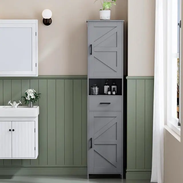 Alt view image 2 of 7 - Homhedy 67" H Tall Bathroom Storage Cabinet with Barn Doors and Drawer | Narrow Storage Unit with Adjustable Shelves, Floor Cabinet for Bathroom, Living Room, Entryway or Kitchen, Gray, 15.7" W