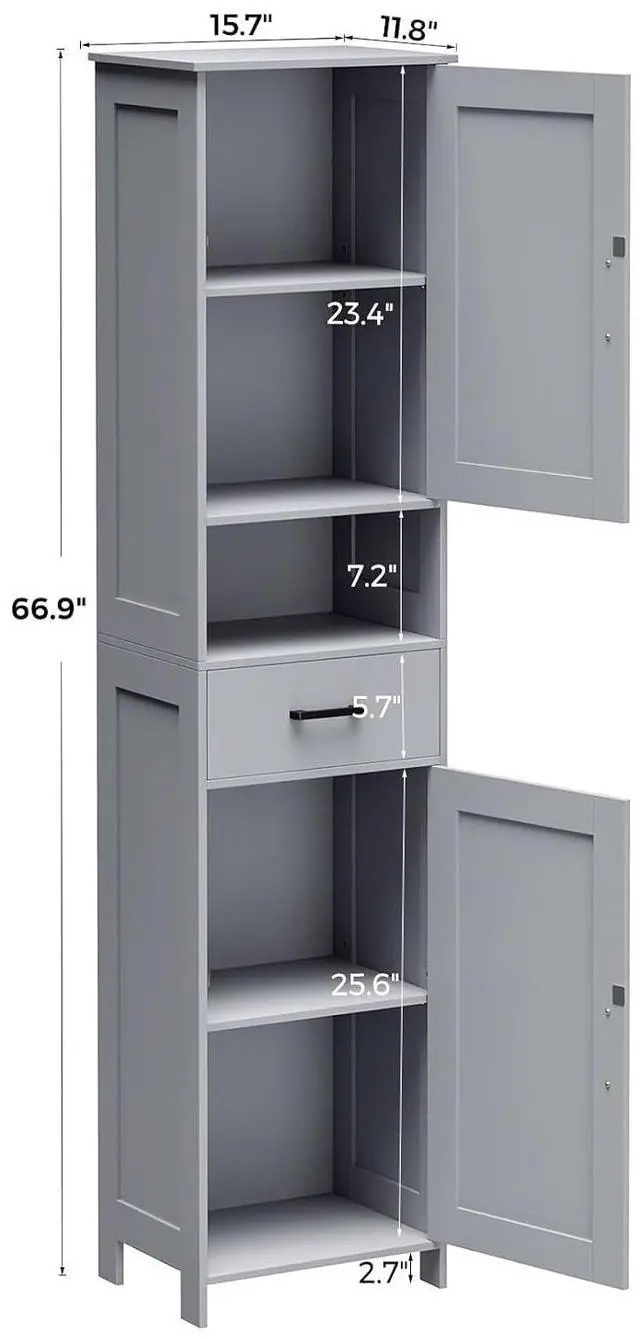 Alt view image 3 of 7 - Homhedy 67" H Tall Bathroom Storage Cabinet with Barn Doors and Drawer | Narrow Storage Unit with Adjustable Shelves, Floor Cabinet for Bathroom, Living Room, Entryway or Kitchen, Gray, 15.7" W