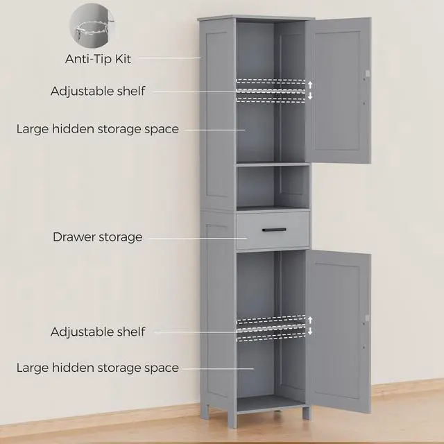 Alt view image 4 of 7 - Homhedy 67" H Tall Bathroom Storage Cabinet with Barn Doors and Drawer | Narrow Storage Unit with Adjustable Shelves, Floor Cabinet for Bathroom, Living Room, Entryway or Kitchen, Gray, 15.7" W