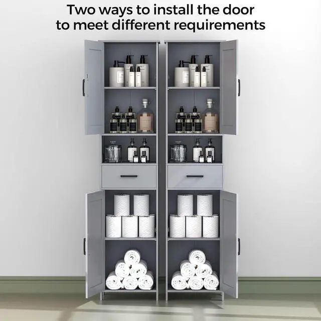 Alt view image 5 of 7 - Homhedy 67" H Tall Bathroom Storage Cabinet with Barn Doors and Drawer | Narrow Storage Unit with Adjustable Shelves, Floor Cabinet for Bathroom, Living Room, Entryway or Kitchen, Gray, 15.7" W
