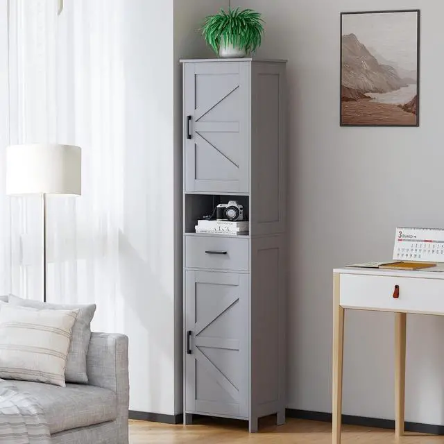Alt view image 6 of 7 - Homhedy 67" H Tall Bathroom Storage Cabinet with Barn Doors and Drawer | Narrow Storage Unit with Adjustable Shelves, Floor Cabinet for Bathroom, Living Room, Entryway or Kitchen, Gray, 15.7" W