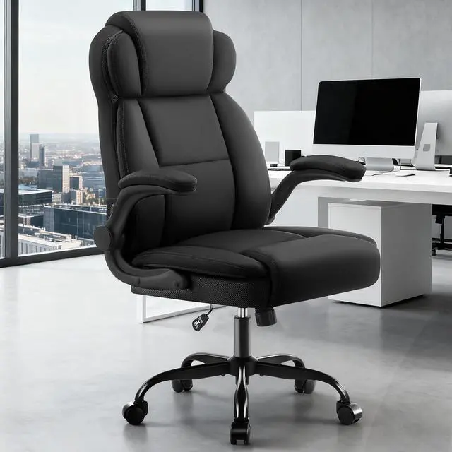 Alt view image 2 of 7 - AreShark Ergonomic Office Chair with High Back Headrest,PU Leather Executive Desk Chair Padded Flip-Up Armrests,Lumbar Support,Swivel Computer Chair for Home Office & Gaming,Black