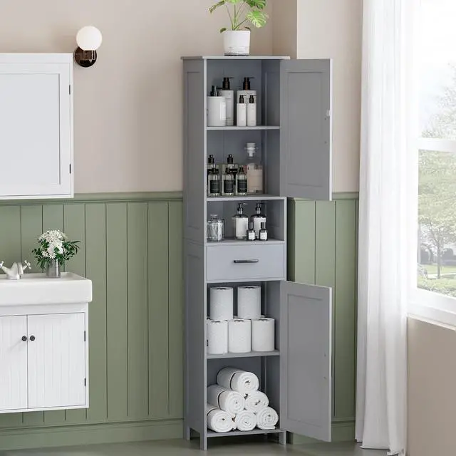 Alt view image 7 of 7 - Homhedy 67" H Tall Bathroom Storage Cabinet with Barn Doors and Drawer | Narrow Storage Unit with Adjustable Shelves, Floor Cabinet for Bathroom, Living Room, Entryway or Kitchen, Gray, 15.7" W