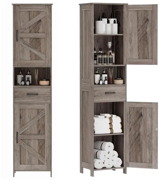 Main image of Homhedy 67" H Tall Bathroom Storage Cabinet with Barn Doors and Drawer | Narrow Storage Unit with Adjustable Shelves, Floor Cabinet for Bathroom, Living Room, Entryway or Kitchen, Greige, 15.7" W