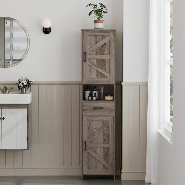 Alt view image 2 of 7 - Homhedy 67" H Tall Bathroom Storage Cabinet with Barn Doors and Drawer | Narrow Storage Unit with Adjustable Shelves, Floor Cabinet for Bathroom, Living Room, Entryway or Kitchen, Greige, 15.7" W