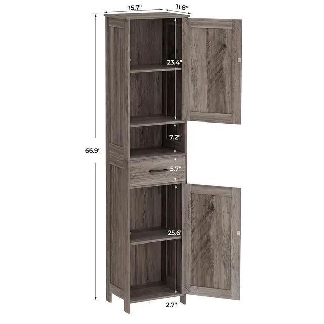Alt view image 3 of 7 - Homhedy 67" H Tall Bathroom Storage Cabinet with Barn Doors and Drawer | Narrow Storage Unit with Adjustable Shelves, Floor Cabinet for Bathroom, Living Room, Entryway or Kitchen, Greige, 15.7" W