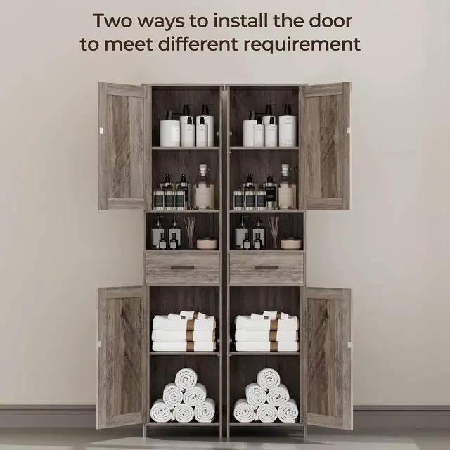 Alt view image 5 of 7 - Homhedy 67" H Tall Bathroom Storage Cabinet with Barn Doors and Drawer | Narrow Storage Unit with Adjustable Shelves, Floor Cabinet for Bathroom, Living Room, Entryway or Kitchen, Greige, 15.7" W