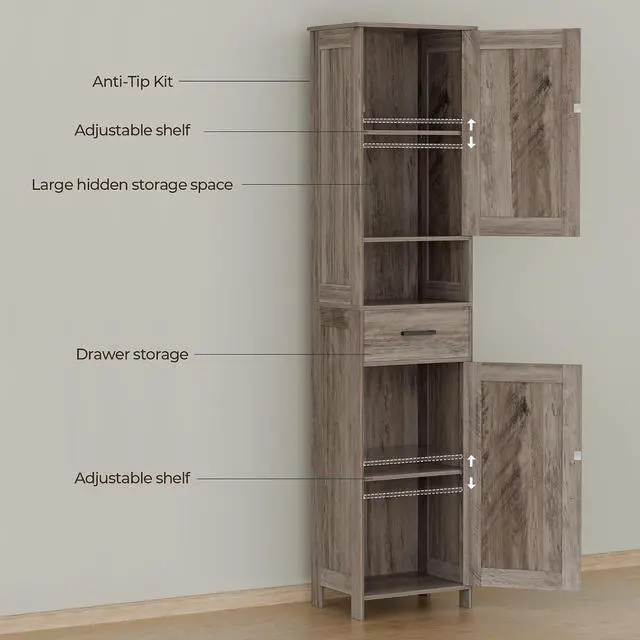 Alt view image 4 of 7 - Homhedy 67" H Tall Bathroom Storage Cabinet with Barn Doors and Drawer | Narrow Storage Unit with Adjustable Shelves, Floor Cabinet for Bathroom, Living Room, Entryway or Kitchen, Greige, 15.7" W