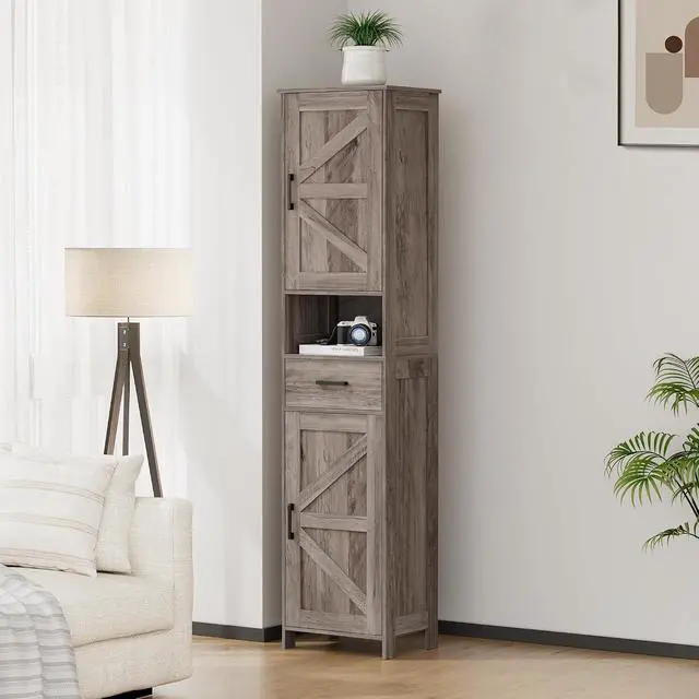 Alt view image 6 of 7 - Homhedy 67" H Tall Bathroom Storage Cabinet with Barn Doors and Drawer | Narrow Storage Unit with Adjustable Shelves, Floor Cabinet for Bathroom, Living Room, Entryway or Kitchen, Greige, 15.7" W