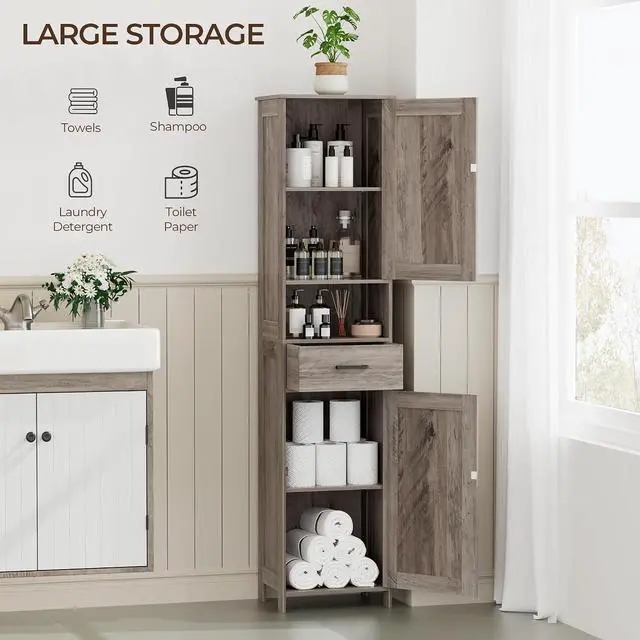 Alt view image 7 of 7 - Homhedy 67" H Tall Bathroom Storage Cabinet with Barn Doors and Drawer | Narrow Storage Unit with Adjustable Shelves, Floor Cabinet for Bathroom, Living Room, Entryway or Kitchen, Greige, 15.7" W