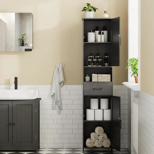 Alt view image 2 of 7 - Homhedy 67" H Tall Bathroom Storage Cabinet with Barn Doors and Drawer | Narrow Storage Unit with Adjustable Shelves, Floor Cabinet for Bathroom, Living Room, Entryway or Kitchen, Black, 15.7" W