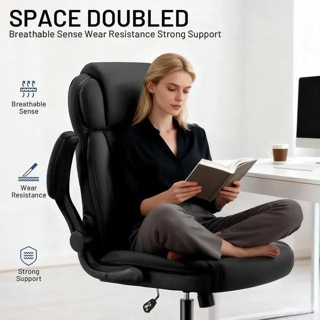 Alt view image 6 of 7 - AreShark Ergonomic Office Chair with High Back Headrest,PU Leather Executive Desk Chair Padded Flip-Up Armrests,Lumbar Support,Swivel Computer Chair for Home Office & Gaming,Black