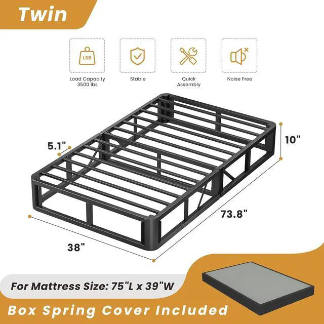 Alt view image 3 of 7 - MAF 10 Inch Twin Box Spring High Profile Metal Bed Base with Fabric Cover | 3500 lbs Black Heavy Duty Support, Round Corner Design, Metal Mattress Foundation, No Squeaky, Easy Assembly, Noise Free