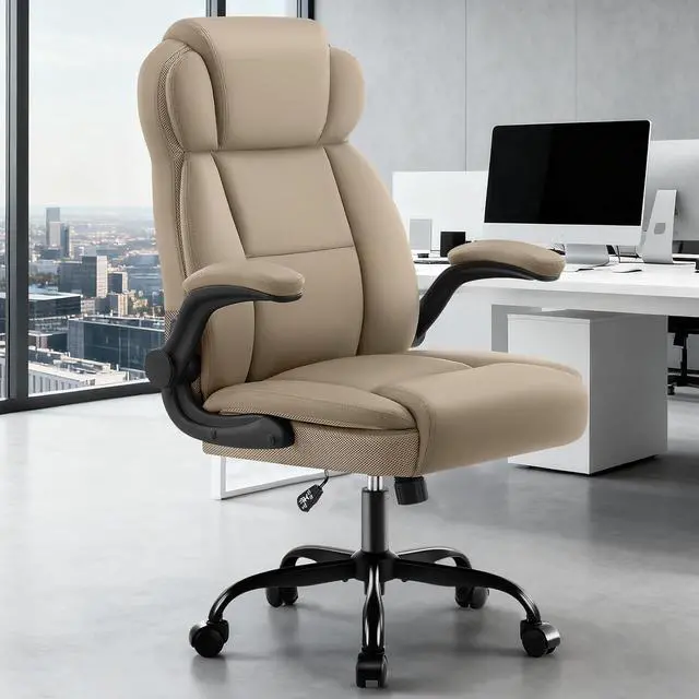 Alt view image 2 of 7 - AreShark Ergonomic Office Chair with High Back Headrest,PU Leather Executive Desk Chair Padded Flip-Up Armrests,Lumbar Support,Swivel Computer Chair for Home Office & Gaming, Khaki