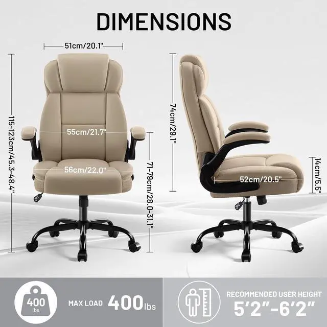 Alt view image 3 of 7 - AreShark Ergonomic Office Chair with High Back Headrest,PU Leather Executive Desk Chair Padded Flip-Up Armrests,Lumbar Support,Swivel Computer Chair for Home Office & Gaming, Khaki