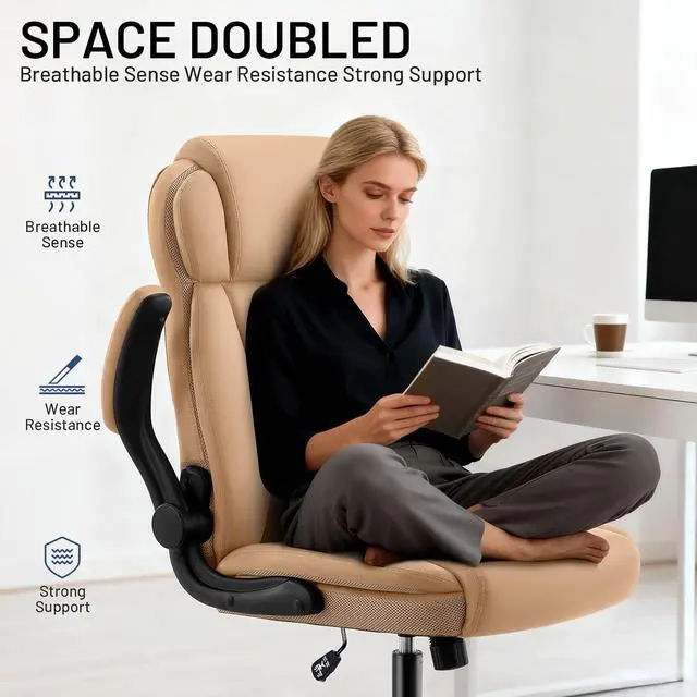 Alt view image 6 of 7 - AreShark Ergonomic Office Chair with High Back Headrest,PU Leather Executive Desk Chair Padded Flip-Up Armrests,Lumbar Support,Swivel Computer Chair for Home Office & Gaming, Khaki
