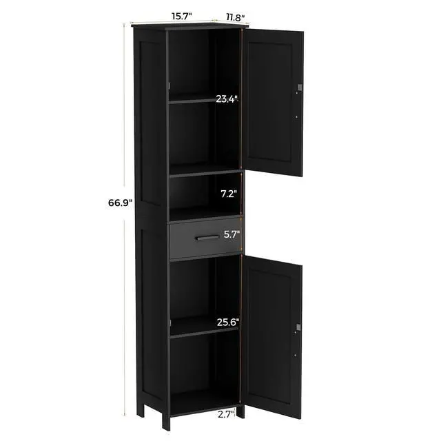 Alt view image 3 of 7 - Homhedy 67" H Tall Bathroom Storage Cabinet with Barn Doors and Drawer | Narrow Storage Unit with Adjustable Shelves, Floor Cabinet for Bathroom, Living Room, Entryway or Kitchen, Black, 15.7" W