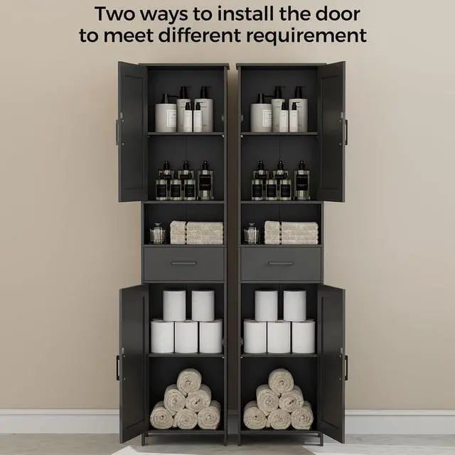 Alt view image 4 of 7 - Homhedy 67" H Tall Bathroom Storage Cabinet with Barn Doors and Drawer | Narrow Storage Unit with Adjustable Shelves, Floor Cabinet for Bathroom, Living Room, Entryway or Kitchen, Black, 15.7" W
