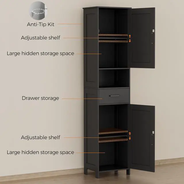 Alt view image 5 of 7 - Homhedy 67" H Tall Bathroom Storage Cabinet with Barn Doors and Drawer | Narrow Storage Unit with Adjustable Shelves, Floor Cabinet for Bathroom, Living Room, Entryway or Kitchen, Black, 15.7" W
