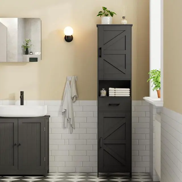 Alt view image 6 of 7 - Homhedy 67" H Tall Bathroom Storage Cabinet with Barn Doors and Drawer | Narrow Storage Unit with Adjustable Shelves, Floor Cabinet for Bathroom, Living Room, Entryway or Kitchen, Black, 15.7" W