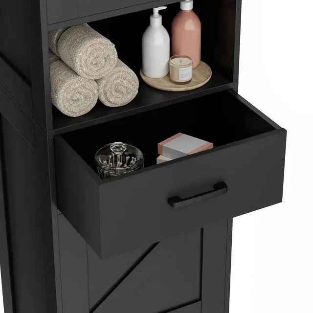Alt view image 7 of 7 - Homhedy 67" H Tall Bathroom Storage Cabinet with Barn Doors and Drawer | Narrow Storage Unit with Adjustable Shelves, Floor Cabinet for Bathroom, Living Room, Entryway or Kitchen, Black, 15.7" W