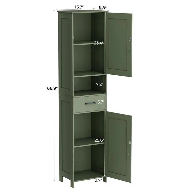 Alt view image 3 of 7 - Homhedy 67" H Tall Bathroom Storage Cabinet with Barn Doors and Drawer | Narrow Storage Unit with Adjustable Shelves, Floor Cabinet for Bathroom, Living Room, Entryway or Kitchen, Green, 15.7" W