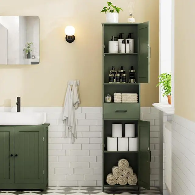 Alt view image 2 of 7 - Homhedy 67" H Tall Bathroom Storage Cabinet with Barn Doors and Drawer | Narrow Storage Unit with Adjustable Shelves, Floor Cabinet for Bathroom, Living Room, Entryway or Kitchen, Green, 15.7" W
