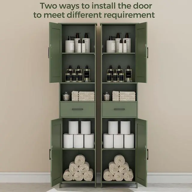 Alt view image 4 of 7 - Homhedy 67" H Tall Bathroom Storage Cabinet with Barn Doors and Drawer | Narrow Storage Unit with Adjustable Shelves, Floor Cabinet for Bathroom, Living Room, Entryway or Kitchen, Green, 15.7" W