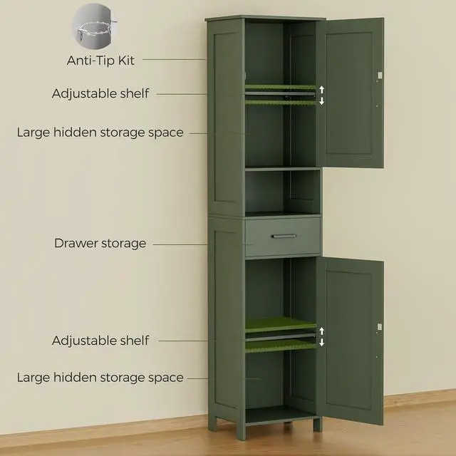 Alt view image 5 of 7 - Homhedy 67" H Tall Bathroom Storage Cabinet with Barn Doors and Drawer | Narrow Storage Unit with Adjustable Shelves, Floor Cabinet for Bathroom, Living Room, Entryway or Kitchen, Green, 15.7" W