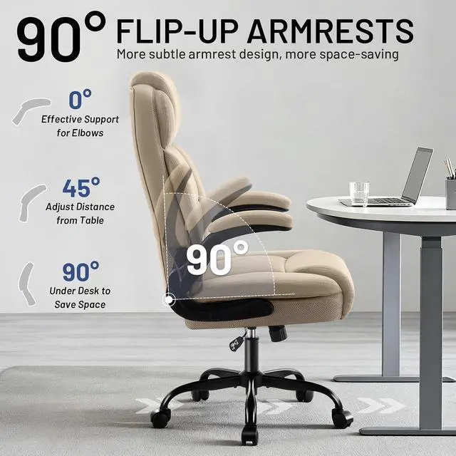Alt view image 7 of 7 - AreShark Ergonomic Office Chair with High Back Headrest,PU Leather Executive Desk Chair Padded Flip-Up Armrests,Lumbar Support,Swivel Computer Chair for Home Office & Gaming, Khaki