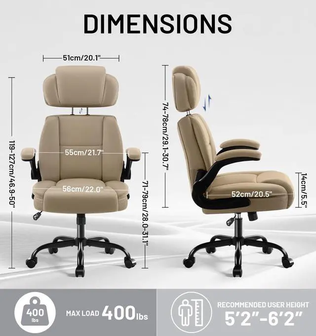 Alt view image 2 of 7 - AreShark Ergonomic Office Chair with Lumbar Support, 400lbs Heavy Duty Big and Tall Executive Desk Chair, PU Leather High Back Computer Chair with Flip-Up Arms & Adjustable Headrest, Khaki